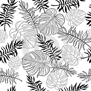 Black and white monstera and palm leaves seamless pattern for textile or wallpapers. Vector tropical leaves background
