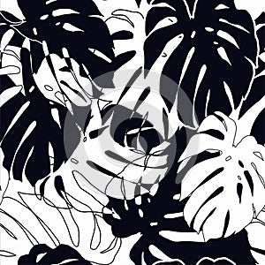 Black and white monstera seamless pattern. Tropical leaves pattern