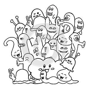 Black and white monsters in the style of a doodle. Coloring pages for adults