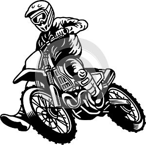 Black and white of motocross rider or racer take a turn and overtake at race in cartoon style vector illustration