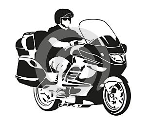 Black and white motorcyclist. Biker on a big modern motorcycle