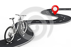 Black and White Mountain Bike Follow Over Winding Road to Destination Red Pin Target Pointer in the End of Road. 3d Rendering