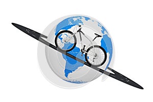 Black and White Mountain Bike over Road Around Earth Globe. 3d R
