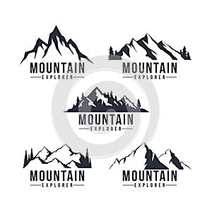 Black and White Mountain Explorer Adventure Badge Logo, Sign, Icon Vector Design Set, Collection