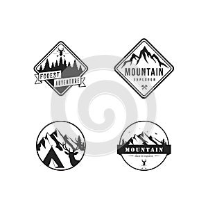 Black and White Mountain Explorer Adventure Logo, Sign, Badge Flat Vector Design Set