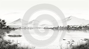 Black And White Mountain Lake Illustration With Detailed Hunting Scenes
