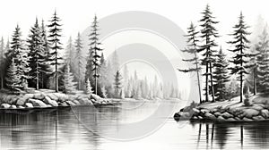 Black And White Mountain Lake Landscape Sketch With Pine Trees