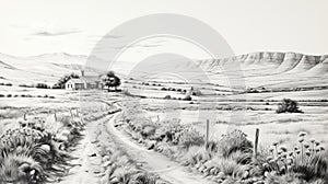 Black And White Mountain Landscape Drawing: A Panoramic Path To Halfway House