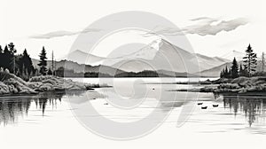 Black And White Mountain Landscape Illustration With Lake View photo