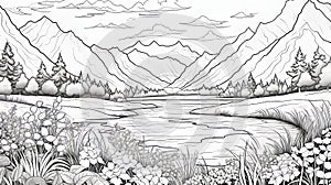 Black And White Mountain Landscape River Coloring Page