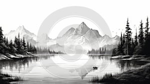 Black And White Mountain Range Illustration: Calm Waters Inspired Art