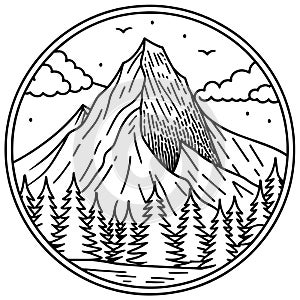Black and white moutain sketch line art photo