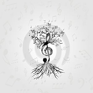 Black and white music poster with G-clef tree. Music elements design for card, poster, invitation. Music background with music not