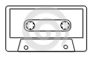 Black and white music, retro, hipster, old, old, antique audio cassette with a shadow from the 80`s, 90`s on a white background.