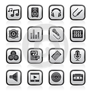 Black and white music, sound and audio icons