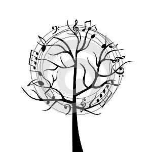 Black and white music tree with music notes. Music symbols for card, poster, invitation. Music background design vector illustrati
