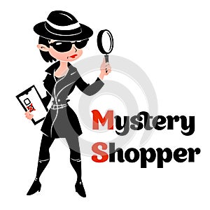 Black and white mystery shopper woman in spy coat photo