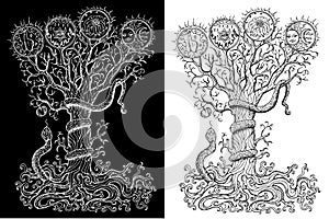 Black and white mystic fantasy tree line art vector illustration