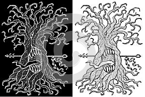 Black and white mystic fantasy tree line art vector illustration