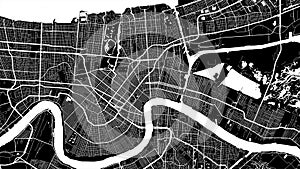 Black and white New Orleans city area vector background map, streets and water cartography illustration