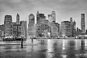 Black and white New York City skyline at night, USA