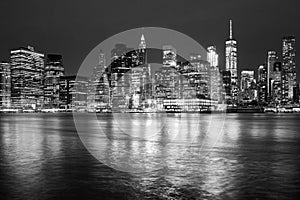 Black and white New York City skyline at night, USA