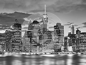 Black and white New York City skyline at night, USA