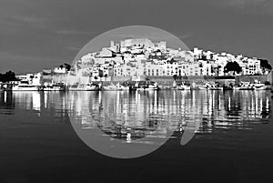 A black and white night shot of Peniscola Castle at Night - Spanish: Castillo de PeÃ±Ã­scola;  is a castle in Peniscola,