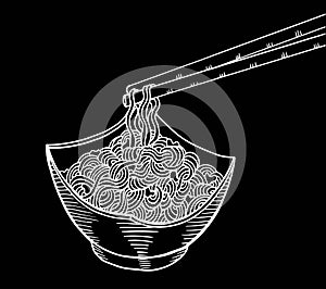 Black and white doodle Noodle at bowl and stick. vector illustration hand drawing