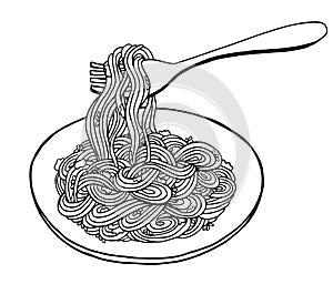 Black and white noodle at plate, vector illustration, hand drawing
