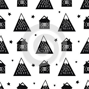 Black and white nordic mountains, houses, stars.