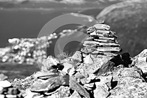 Black and white Norway zen rock towers background