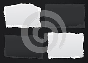 Black, white note, notebook paper pieces with torn edges stuck on black backgroud. Vector illustration.