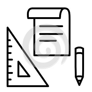 Black and white notes, pencil and ruler icon cartoon, simple line art, editable stroke. Sketch on paper, blueprints