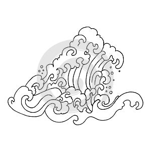 Black white ocean wave. Curly waves and foam decorative element coloring page, isolated on white background.