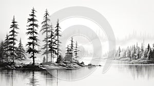 Black And White Oil Painting Of Pine Trees Along Water