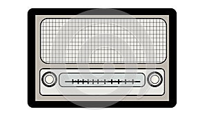 Black and white old retro antique vintage rectangular first hipster radio with a black stroke, a music radio receiver with round t