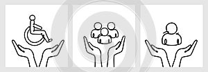 Black and white one line hands holding employee, person and wheelchair person icon