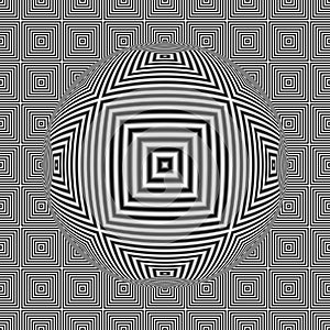 Black and white optical illusion square seamless pattern with 3D sphere
