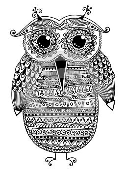 Black and white original ethnic owl ink drawing