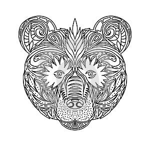 Black and white ornament faces wild beast of the forest bear, ornamental lace design. Page for adult coloring books. Hand drawn in