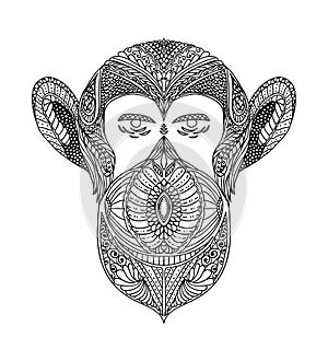 Black and white ornament faces wild beast of the forest monkeys, ornamental lace design. Page for adult coloring books. Hand drawn