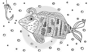 Black and white ornament fashion fish hook in the sea with bubbles design decorative lace. Page coloring books for adults. Hand dr
