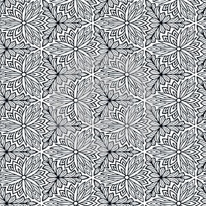 Black and white ornament with floral pattern. Seamless background in vector for coloring book page or textile design