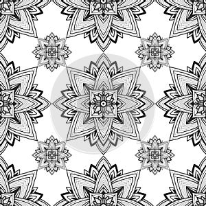 Black and white ornamental pattern. Seamless background in vector for coloring book page or textile design.