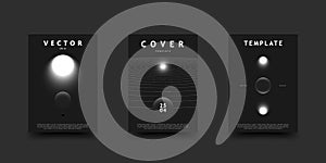 Black and white outer space cover set. Abstract cosmos scenes with glowing stars, planets, and orbits. Vector monochrome