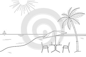 Black and white outline drawing of a striped beach umbrella and the two wooden chairs on a white background, vector illustration