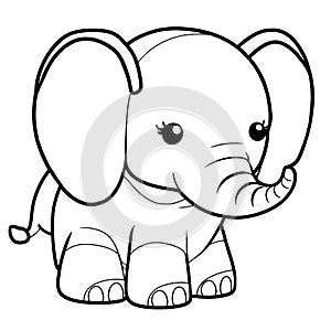 Black and white outline for kids coloring books with cute little elephant.