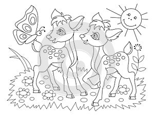 Black and white page for baby coloring book. Drawing of two cute fawns playing on the meadow. Printable template for kids.
