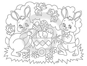 Black and white page for baby coloring book. Illustration of cute rabbits bringing Easter eggs. Printable template for kids.